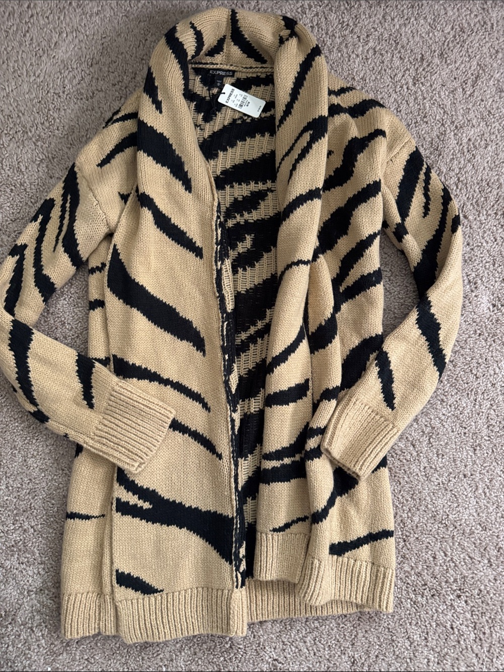 Express Beige and Black Zebra-Print Open-Front Cardigan
